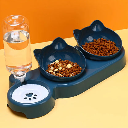 3-in-1 Tilted Cat Bowl Set with Water Dispenser