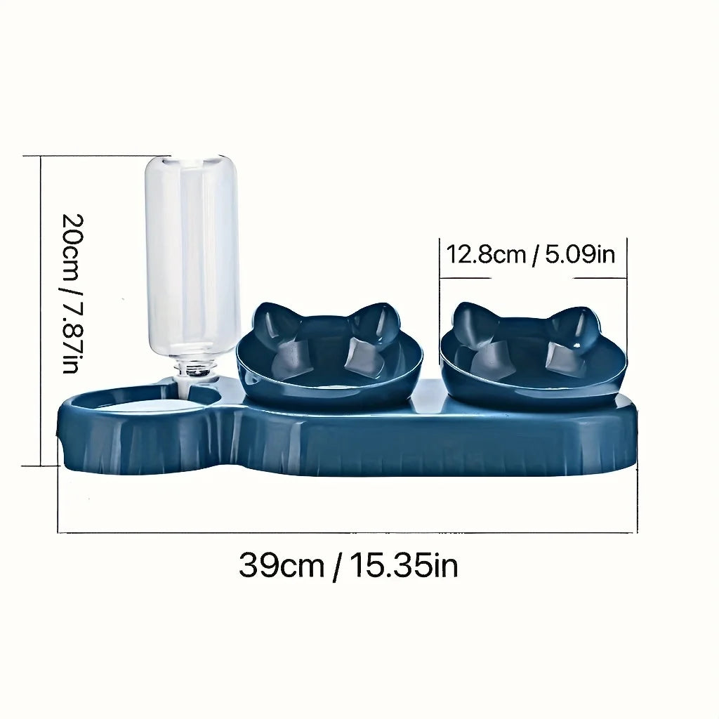 3-in-1 Tilted Cat Bowl Set with Water Dispenser
