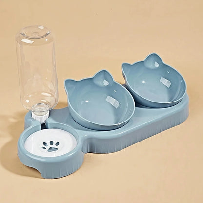 3-in-1 Tilted Cat Bowl Set with Water Dispenser