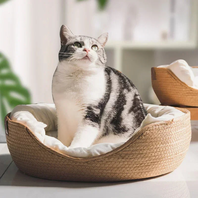Bamboo Weaving Cat Bed Sofa House - Eco-Friendly Warm Pet Nest